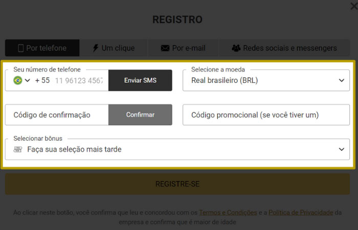 Preencha o formulário de registro no Melbet